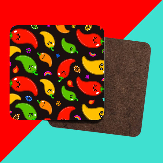 Neuro-Spicy Coaster on a red and blue background. The black wooden coaster has red, green, orange and yellow chilli peppers with cute faces on and various cute doodles around them. Hand drawn design made to raise awareness for neurodiversity 