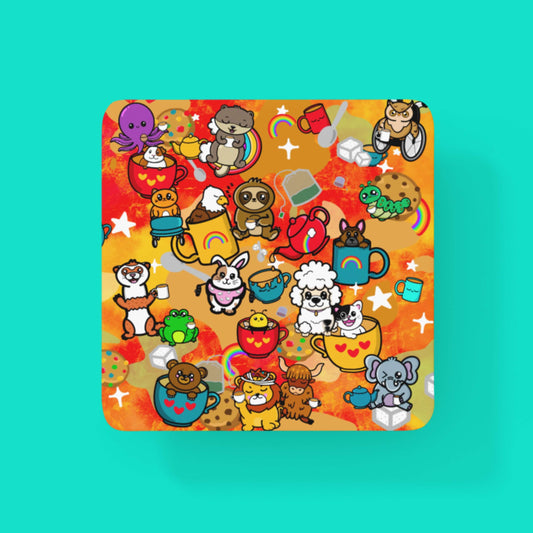 The Disabili Tea and Biscuits Coaster - Disability on a blue background. The orange and red gradient wooden coaster features various disabled and chronically ill innabox characters with and in cups of tea amongst cookies, biscuits, spoons, sugar cubes, sparkles and rainbows.