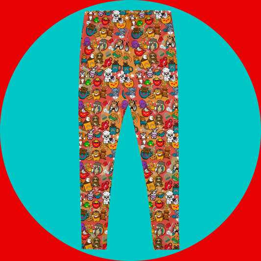 The Disabili Tea and Biscuits - Disability Leggings on a red and blue background. The leggings feature various disabled and chronically ill animal characters drinking tea, sitting in tea mugs and holding up mugs. There is also various cookie biscuits, tea bags, sugar cubes, teapots, rainbows, sparkles and tea spills all underneath. The leggings are a punny gift raising awareness for disabilities.