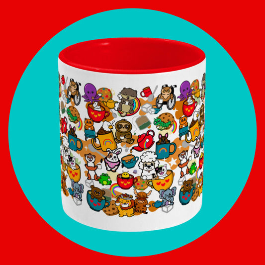 The Disabili Tea and Biscuits Ceramic Mug - Disability on a red and blue background. The white base mug has a red inside and handle with various disabled and chronically ill animal characters drinking tea, sitting in tea mugs and holding up mugs. There is also various cookie biscuits, tea bags, sugar cubes, teapots, rainbows, sparkles and tea spills all underneath. The mug is a punny gift raising awareness for disabilities.