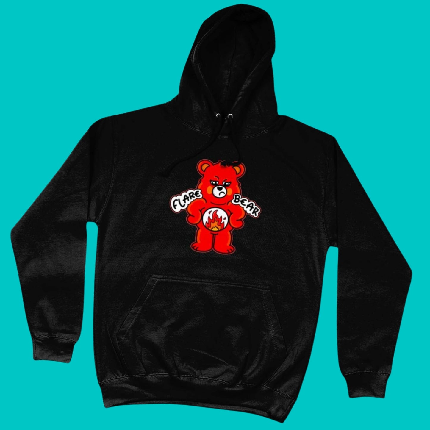 Flare Bear black hoodie jumper shown on a blue background. The hoodie is of a red bear with a fed up expression and hands on its hips. There is a white circle on its belly with flames inside. Flare Bear is written on the hoodie. The hoodie is designed to raise awareness for chronic illness flare ups.