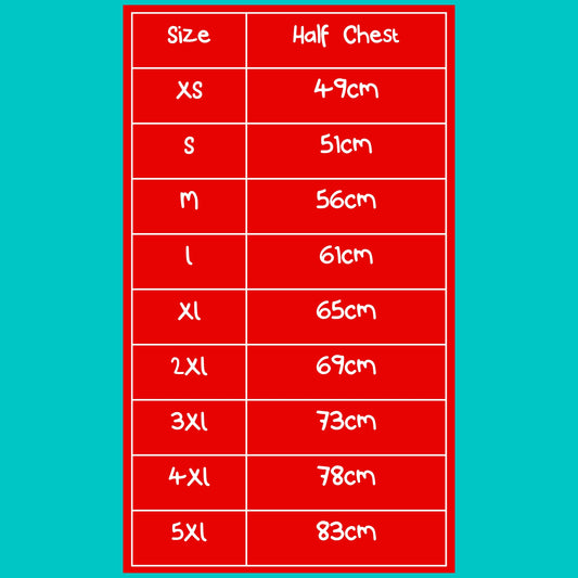Innabox hoodie size guide chart showing half chest measurements in centimetres from XS to 5XL. Sizes range from 49cm to 83cm, helping customers choose the correct fit for the Cute But Traumatised hoodie. Clear red background with white text.