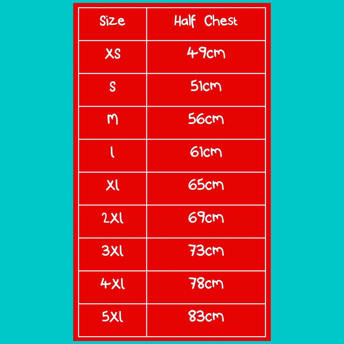 Red size guide chart for the Feeline Fragile Cat Hoodie by Innabox showing half chest measurements in centimetres. Sizes range from XS to 5XL, offering inclusive sizing for comfort and accessibility. Clear, easy to read layout to help customers find their best fit.