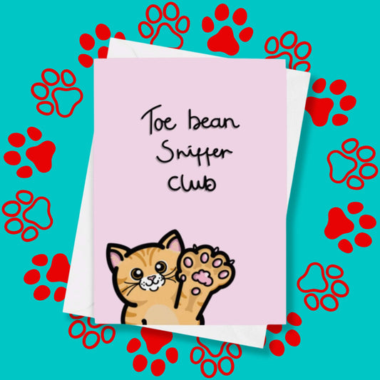 The Toe Bean Sniffer Club Card on a red and blue paw print background with a white envelope underneath. The pastel pink a6 greeting card features a smiling orange cat reaching its paw up with black text above reading 'toe bean sniffer club'.