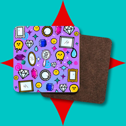 The You Don't Look Sick Coaster on a red and blue background. The purple square wooden coaster features melting yellow smiley faces, mirrors, gemstones, teardrops, sparkles, swirls and dots with a centre hand held mirror reading 'you don't look sick'. The hand drawn design is raising awareness for invisible illnesses.