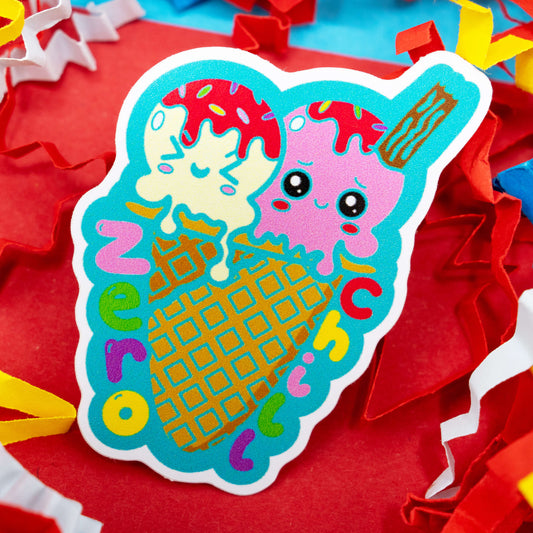 Adorable Zero Chill ice cream vinyl sticker by Innabox featuring two melting scoops with cute smiling faces in a waffle cone and colourful rainbow text. A playful mental health and neurodivergent themed design perfect for adding positivity to your laptop, notebook or water bottle. Gloss vinyl, waterproof, custom cut and around 5 cm tall.