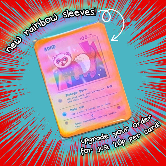 An ADHD trading card from Innabox featuring a red panda illustration is shown inside a shimmering rainbow holographic sleeve with a red and blue comic-style background. Text reads: “New rainbow sleeves! Upgrade your order for just 20p per card!”