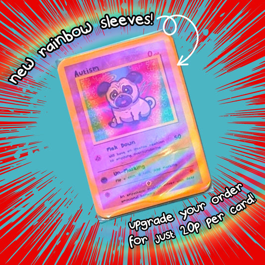 An Autism trading card from Innabox featuring a cute pug illustration is shown inside a rainbow holographic sleeve on a red and blue comic-style background. Text reads: “New rainbow sleeves! Upgrade your order for just 20p per card!”