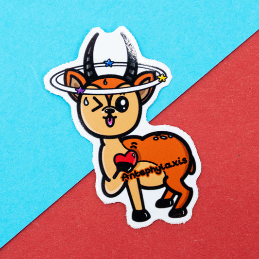 Cute antelope sticker by Innabox raising awareness for anaphylaxis, with a heart and stars spinning around its head.