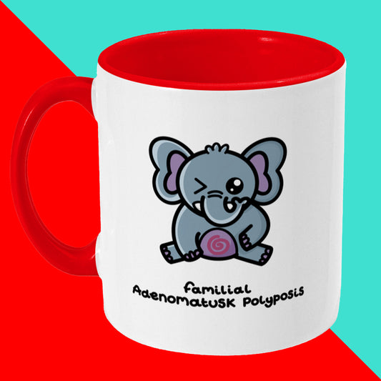 Familial Adenomatousk Polyposis Mug - Familial Adenomatous Polyposis ahown on a red and blue background. a white mug with red inside the mug and a red handle with a cute elephant illustration on the front. The elephant is sat on it's back legs and has one eye shut. The elephant has a red spiral on it's tummy and is holding it's tummy. 'familial adenomatusk polyposis' is written underneath.