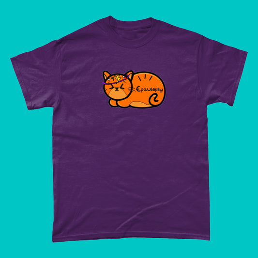 Epawlepsy Tee - Epilepsy. The purple cotton t-shirt is a ginger cat with eyes scrunched closed and symbols to represent a dizzy spell drawn across his head. Epawlepsy is written on the cats stomach. Tee is designed to raise awareness for epilepsy.