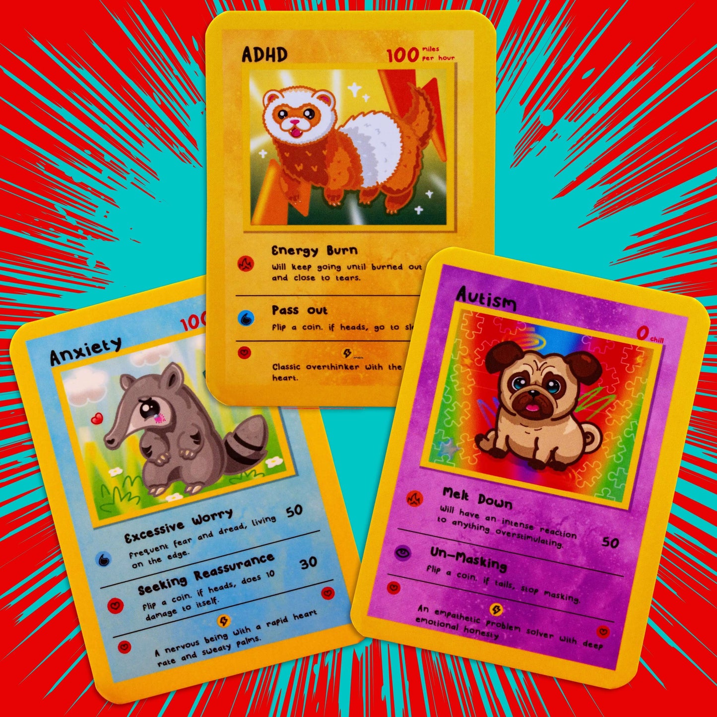 A set of three bright collectable trading cards by Innabox, featuring cartoon-style characters representing ADHD, Anxiety, and Autism. Includes a ferret, anteater, and pug with playful, colourful backgrounds and traits that reflect neurodivergent experiences. Designed to uplift and support those with hidden disabilities.