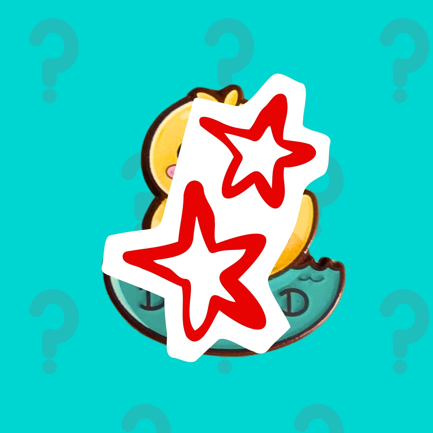 Mystery reveal teaser for the February Theme Exclusive Mystery Enamel Pin Subscription by Innabox. The enamel pin design is partially covered with star graphics to preserve the surprise, set on a teal background with question marks.