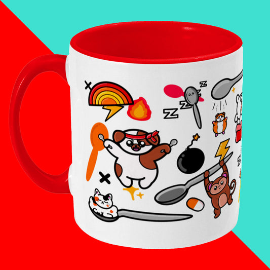 Spoonie Mug on a red and blue background. The white mug has a red handle and inside with various Innabox character illustrations on it. The hand drawn design is made to raise awareness for chronic and invisible illnesses.