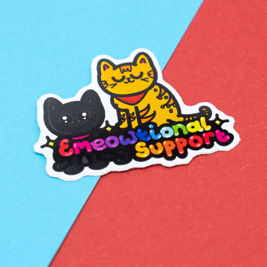 Emeowtional Support sticker by Innabox with two cute cats and rainbow lettering, highlighting emotional support.