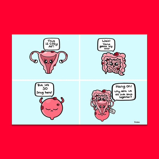 The Endometriosis Comic Strip Postcard on a red background. The blue base endo warrior postcard with blue background and drawings of internal organs suffering with endometriosis. The hand illustrated design is raising awareness for endometriosis. 