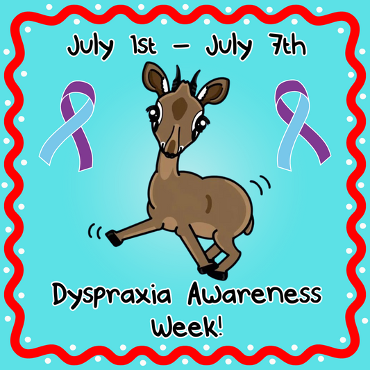 a graphic with a sky blue background and a hand drawn Innabox illustration of a clumsy dik dik with dyspraxia ribbons next to it. July 1st - July 7th dyspraxia awareness week