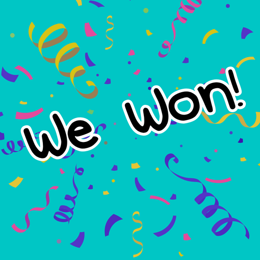 a graphic with an aqua blue background and coloured confetti with text reading 'we won!'