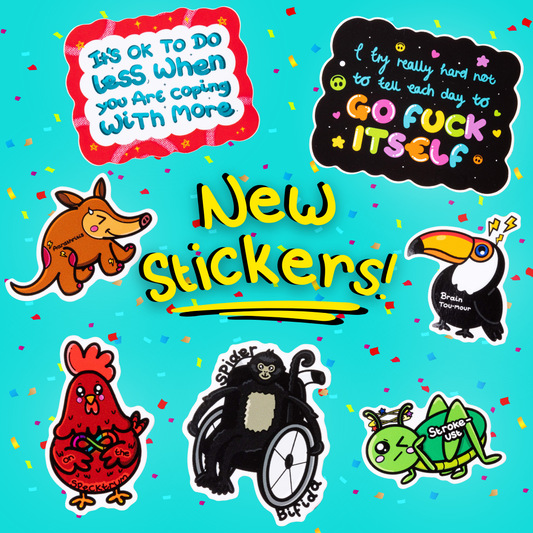 a teal coloured graphic with confetti background and an array of new Innabox hand drawn designed vinyl stickers to help raise awareness for chronic and invisible illnesses and conditions