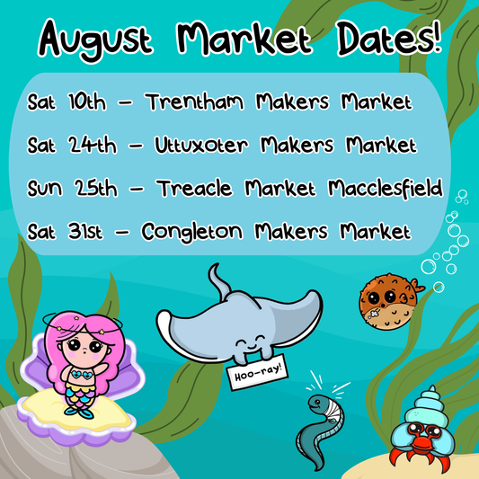 a graphic with multiple hand drawn Innabox characters on. There are a list of Innabox market dates on for the month of August. Raise awareness for chronic illnesses 