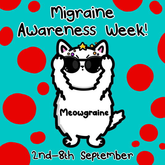 A white stressed cat clutching a pair of black sunglasses to its eyes with multicoloured spots and stars over its head, across its middle reads 'meowgraine'. The hand drawn design is raising awareness for migraines and headaches.