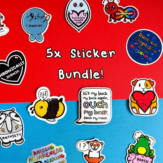 5x Sticker Bundle. An array of chronic illness stickers from Innabox such as a guinea pig, no ener - bee, chronically online heart, brain frog, adhd ferret, neurodivergent ant, cealiac seal and more shown on a red and blue background.