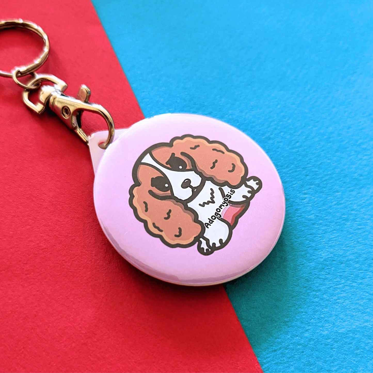 A sad spaniel dog with a red tummy and black text reading adogomyosis on a pink background plastic circular keychain hanging on a silver lobster clip. Adogomyosis Keyring - Adenomyosis is on a red and blue background. Raising awareness for adenomyosis.