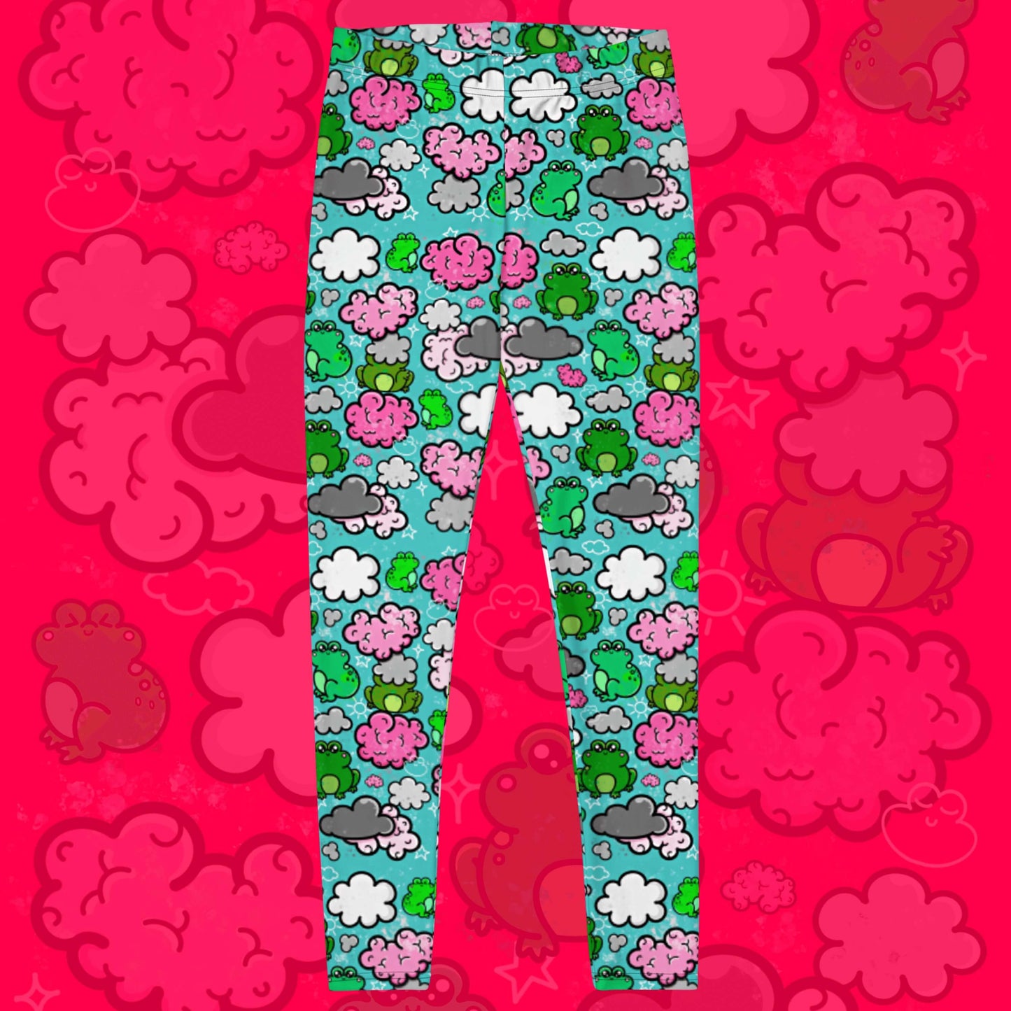The Brain Frog Leggings - Brain Fog on a red background with a faded brain frog print. The leggings are an aqua blue base with various green kawaii face frogs with pink blush cheeks, pink brain style clouds, white and grey clouds and white sparkles all over. The design was created to raise awareness of Brain Fog.