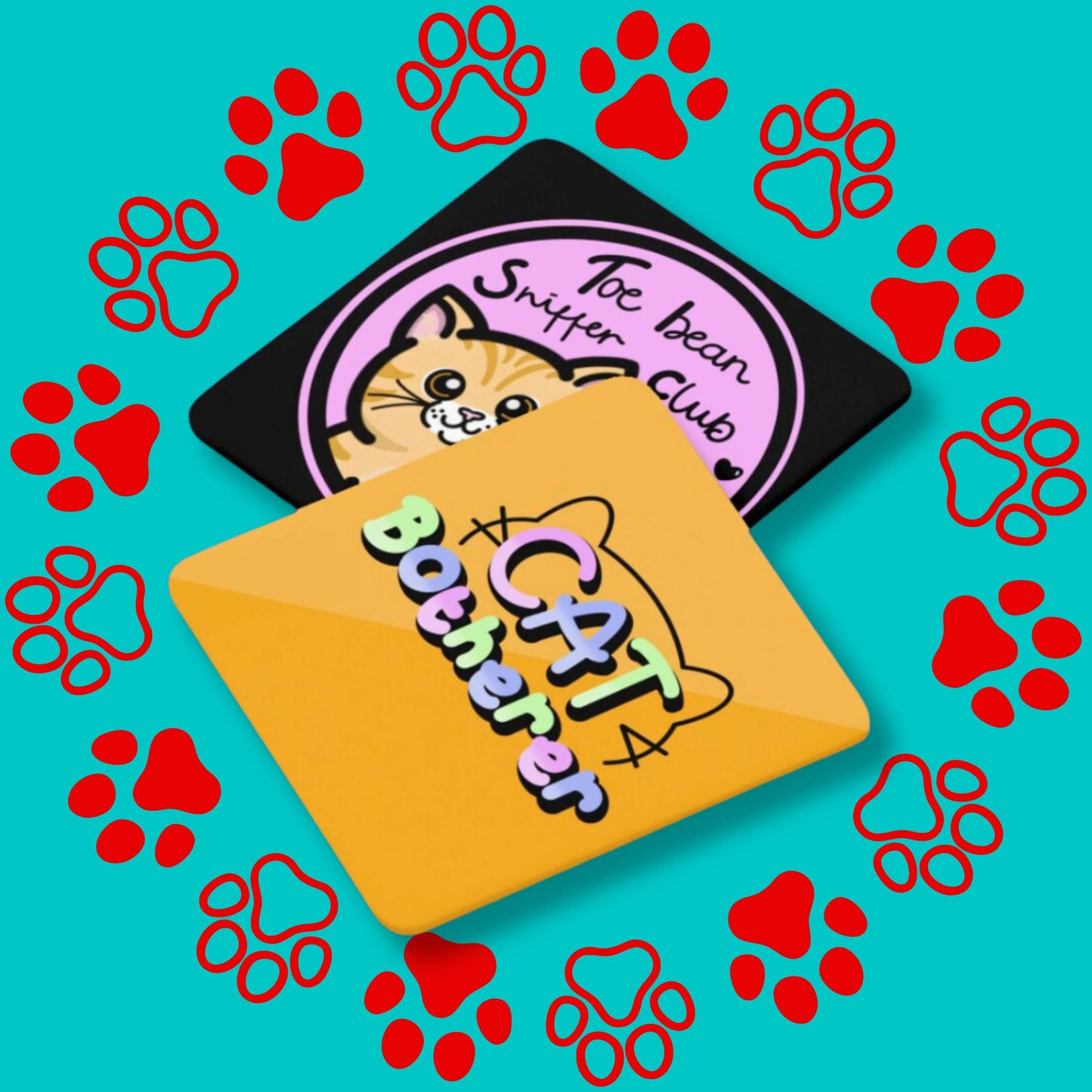 The Cat Botherer Coaster laying on the toe bean sniffer club coaster on a red and blue paw print background. The orange wooden coaster has rounded edges and pastel rainbow text reading 'cat botherer' and a black cat head outline.