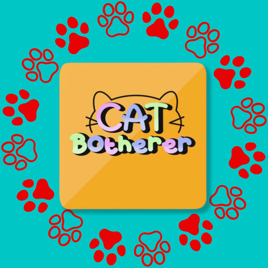 The Cat Botherer Coaster on a red and blue paw print background. The orange wooden coaster has rounded edges and pastel rainbow text reading 'cat botherer' and a black cat head outline.
