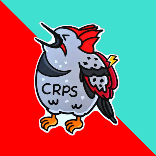 The Compecks Regional Pain Syndrome Sticker - CRPS - Complex Regional Pain Syndrome on a red and blue background. The sticker features a screaming upset woodpecker bird with a lightning bolt on its wing and 'CRPS' written across its belly in black. The design is raising awareness for complex regional pain syndrome.