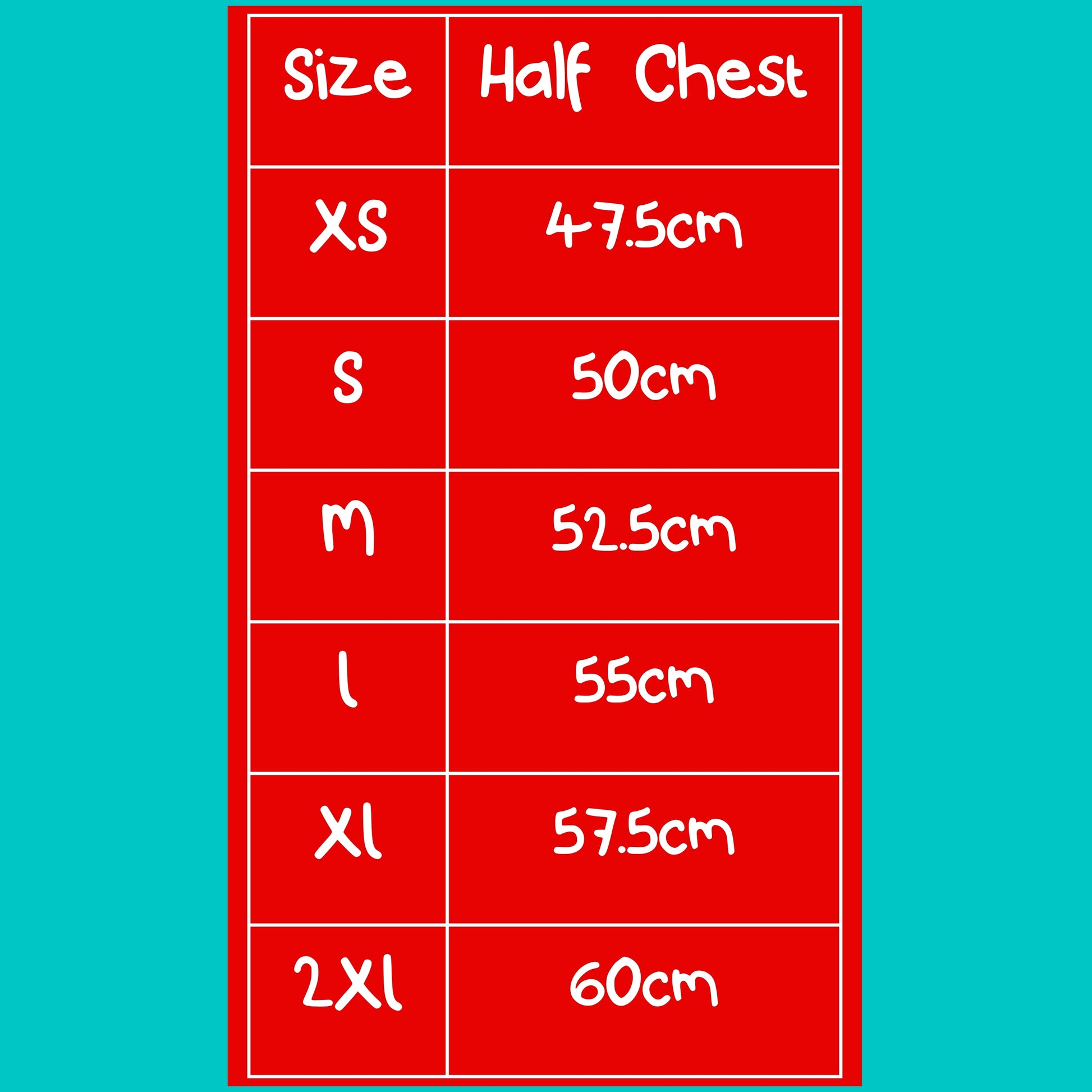 Red size guide chart for crop t-shirt showing half chest measurements in centimetres. Sizes XS to 2XL listed from 47.5cm to 60cm. Clear clothing sizing chart for oversized boxy fit tee to help find your perfect fit.
