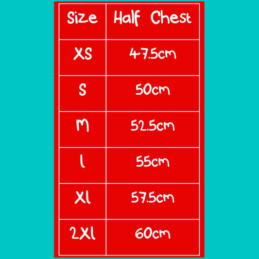 Red size guide chart for crop t-shirt showing half chest measurements in centimetres. Sizes XS to 2XL listed from 47.5cm to 60cm. Clear clothing sizing chart for oversized boxy fit tee to help find your perfect fit.
