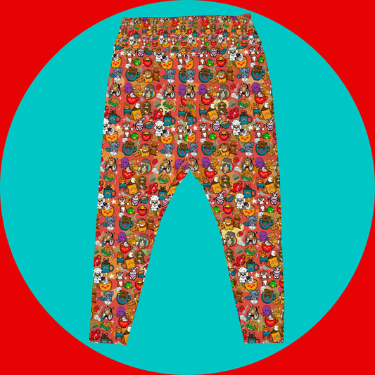 The Disabili Tea and Biscuits - Disability Plus Size Leggings on a red and blue background. The leggings feature various disabled and chronically ill animal characters drinking tea, sitting in tea mugs and holding up mugs. There is also various cookie biscuits, tea bags, sugar cubes, teapots, rainbows, sparkles and tea spills all underneath. The leggings are a punny gift raising awareness for disabilities.
