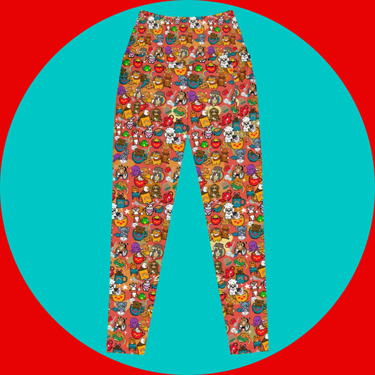 The Disabili Tea and Biscuits - Disability Leggings with Pockets on a red and blue background. The leggings feature various disabled and chronically ill animal characters drinking tea, sitting in tea mugs and holding up mugs. There is also various cookie biscuits, tea bags, sugar cubes, teapots, rainbows, sparkles and tea spills all underneath. The leggings are a punny gift raising awareness for disabilities.