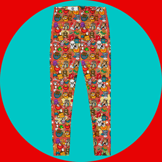 The Disabili Tea and Biscuits - Disability Leggings on a red and blue background. The leggings feature various disabled and chronically ill animal characters drinking tea, sitting in tea mugs and holding up mugs. There is also various cookie biscuits, tea bags, sugar cubes, teapots, rainbows, sparkles and tea spills all underneath. The leggings are a punny gift raising awareness for disabilities.