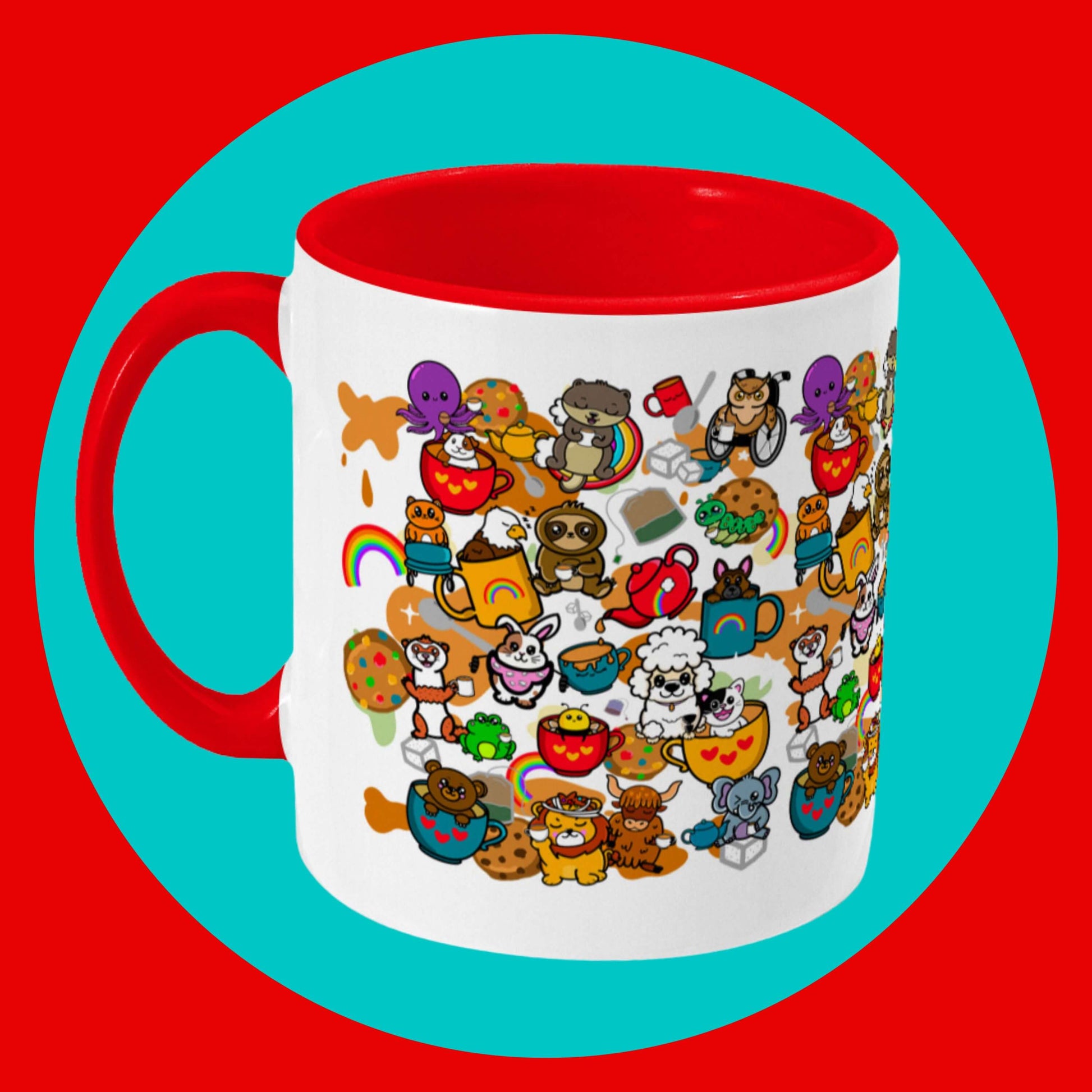 The Disabili Tea and Biscuits Ceramic Mug - Disability on a red and blue background. The white base mug has a red inside and handle with various disabled and chronically ill animal characters drinking tea, sitting in tea mugs and holding up mugs. There is also various cookie biscuits, tea bags, sugar cubes, teapots, rainbows, sparkles and tea spills all underneath. The mug is a punny gift raising awareness for disabilities.