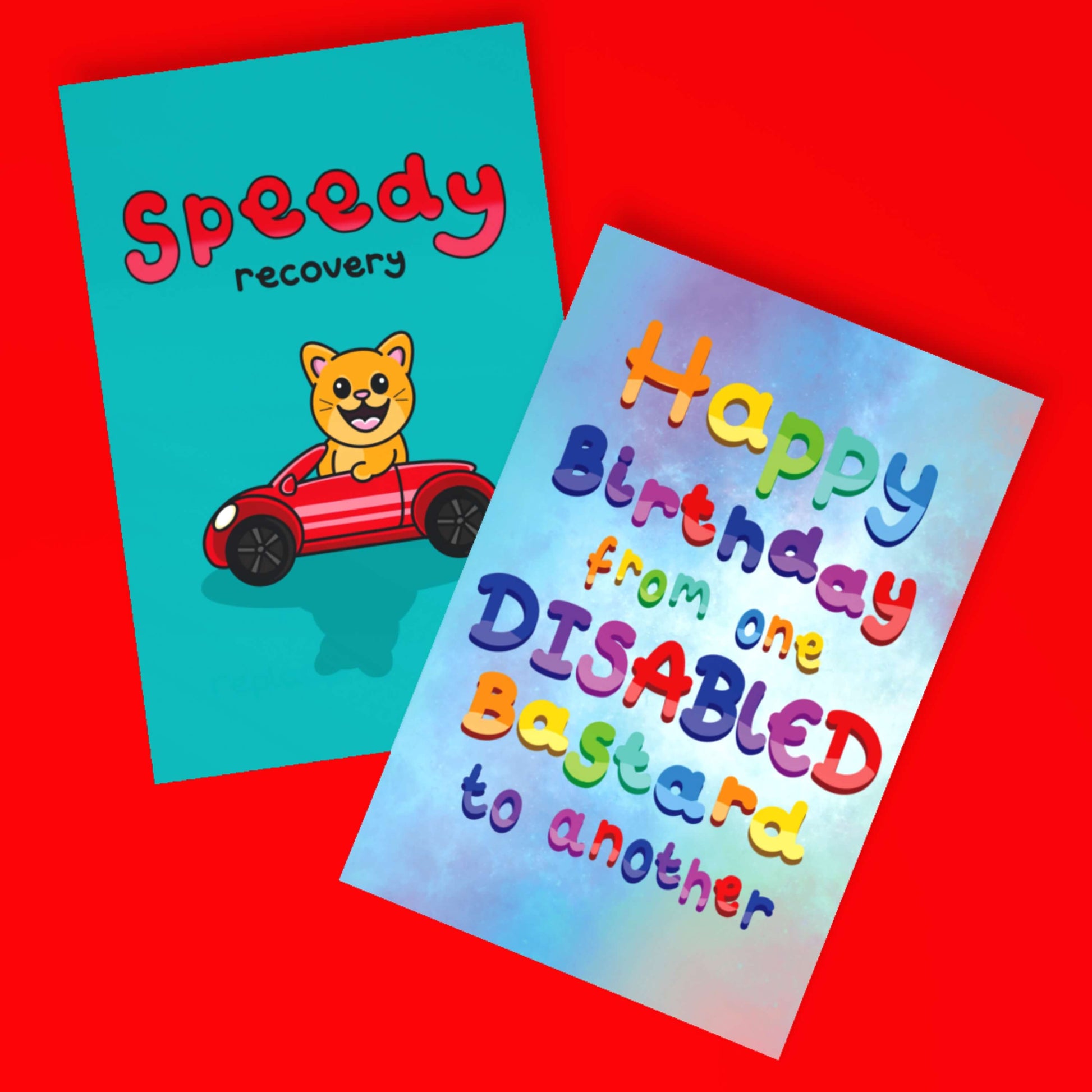 The Happy Birthday From One Disabled Bastard To Another Card on a red background with another innabox card underneath. The pastel blue and purple a6 birthday card has rainbow bubble writing reading 'happy birthday from one disabled bastard to another'. The hand drawn design is a humorous greeting card raising awareness for disabled people.