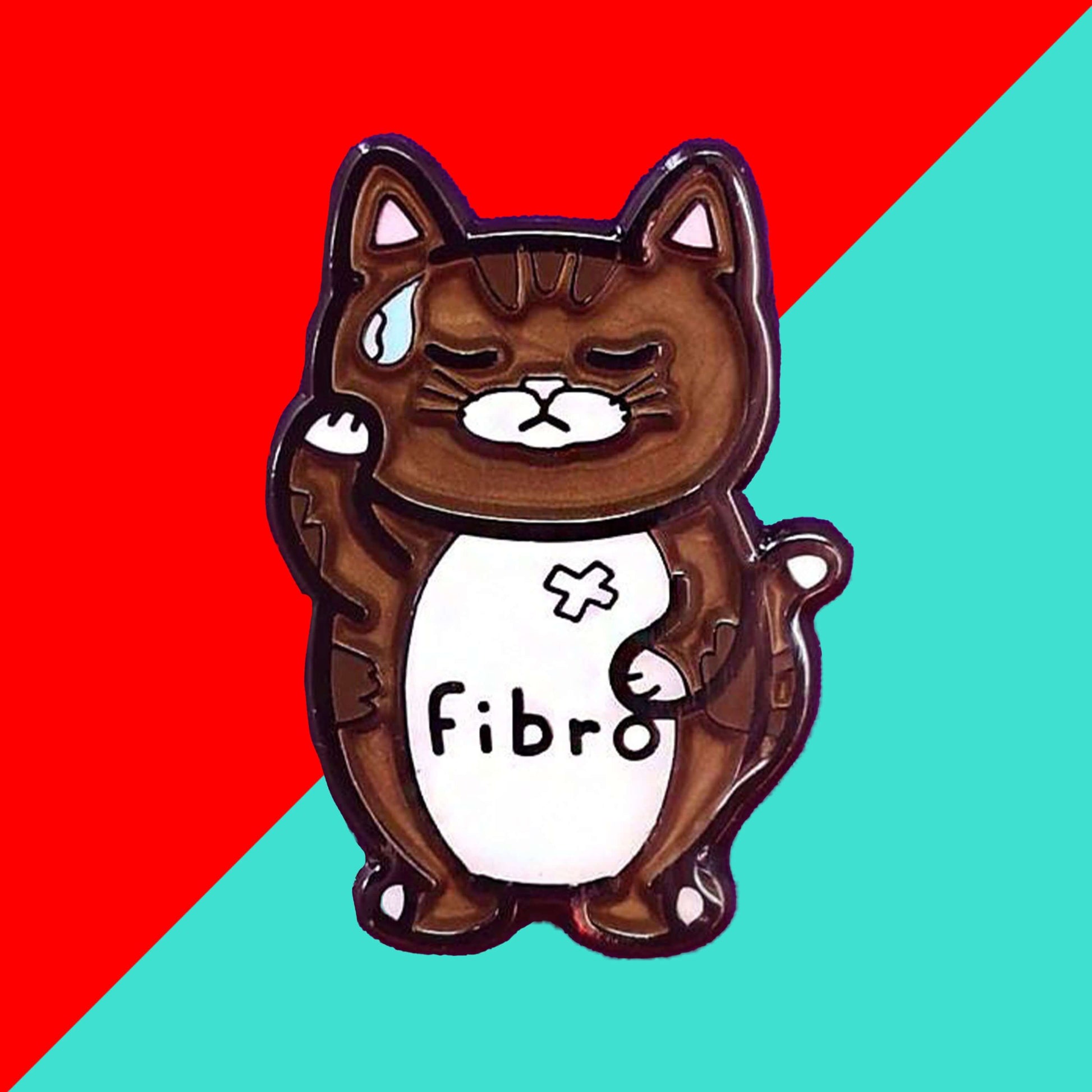 Fibromeowgia Enamel Pin - Fibromyalgia on a red and blue background. The enamel pin is a brown cat with a white stomach with fibro written across it. The cat has its eyes closed, a sweat droplet on its forehead and holding its head in its paw. The enamel pin is designed to raise awareness for fibromyalgia