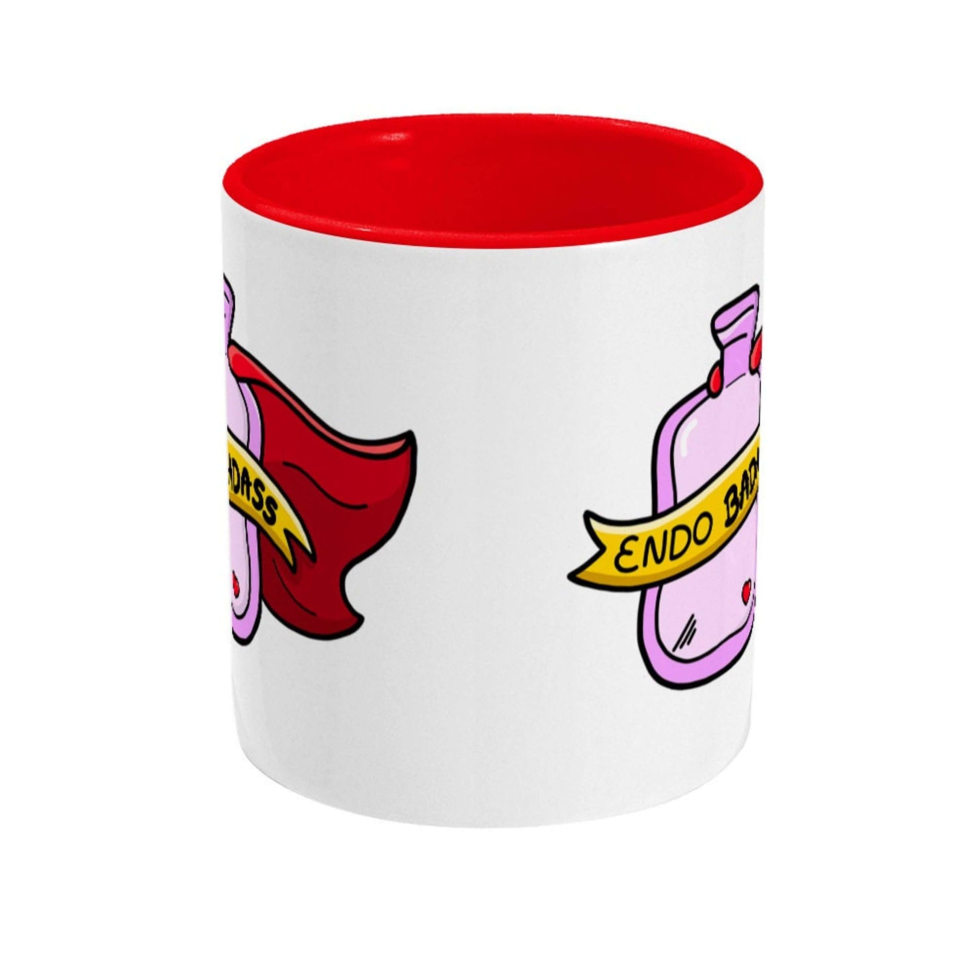 Endo Badass Mug - Endometriosis shown on a white background. The white mug has a red handle and inside with an illustration of a pink hot water bottle wearing a red cape. There is a yellow banner across the bottle with black text inside that reads 'endo badass'. Hand drawn design made to raise awareness for endometriosis.