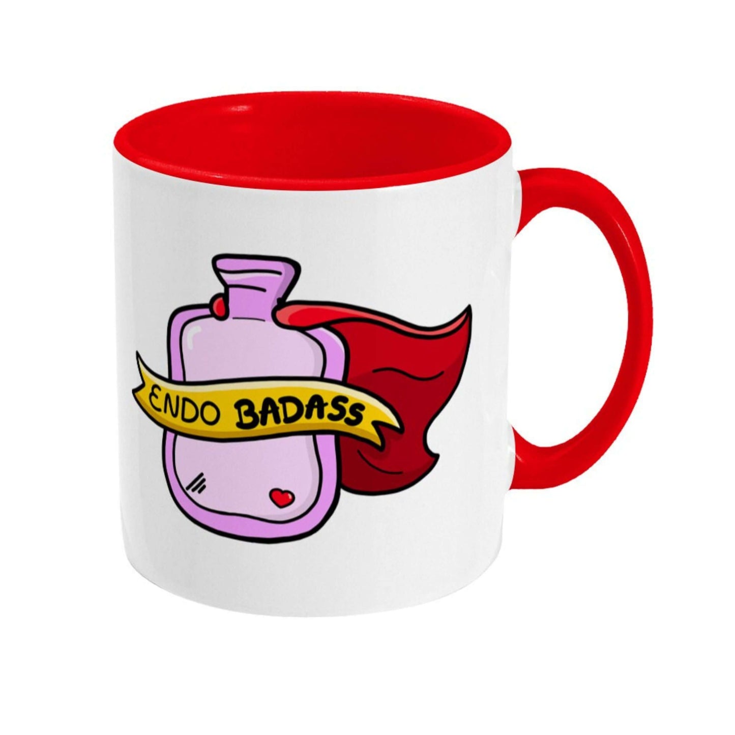 Endo Badass Mug - Endometriosis shown on a white background. The white mug has a red handle and inside with an illustration of a pink hot water bottle wearing a red cape. There is a yellow banner across the bottle with black text inside that reads 'endo badass'. Hand drawn design made to raise awareness for endometriosis.
