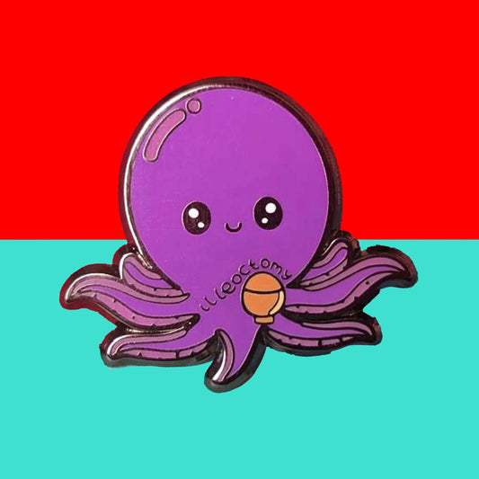 Ileoctomy Enamel Pin - Ileostomy shown on a blue and red background. The enamel pin is a cute smiling purple octopus sticker with text saying ileoctomy on its belly with a stoma bag underneath. Enamel pin designed to raise awareness for Ileostomy