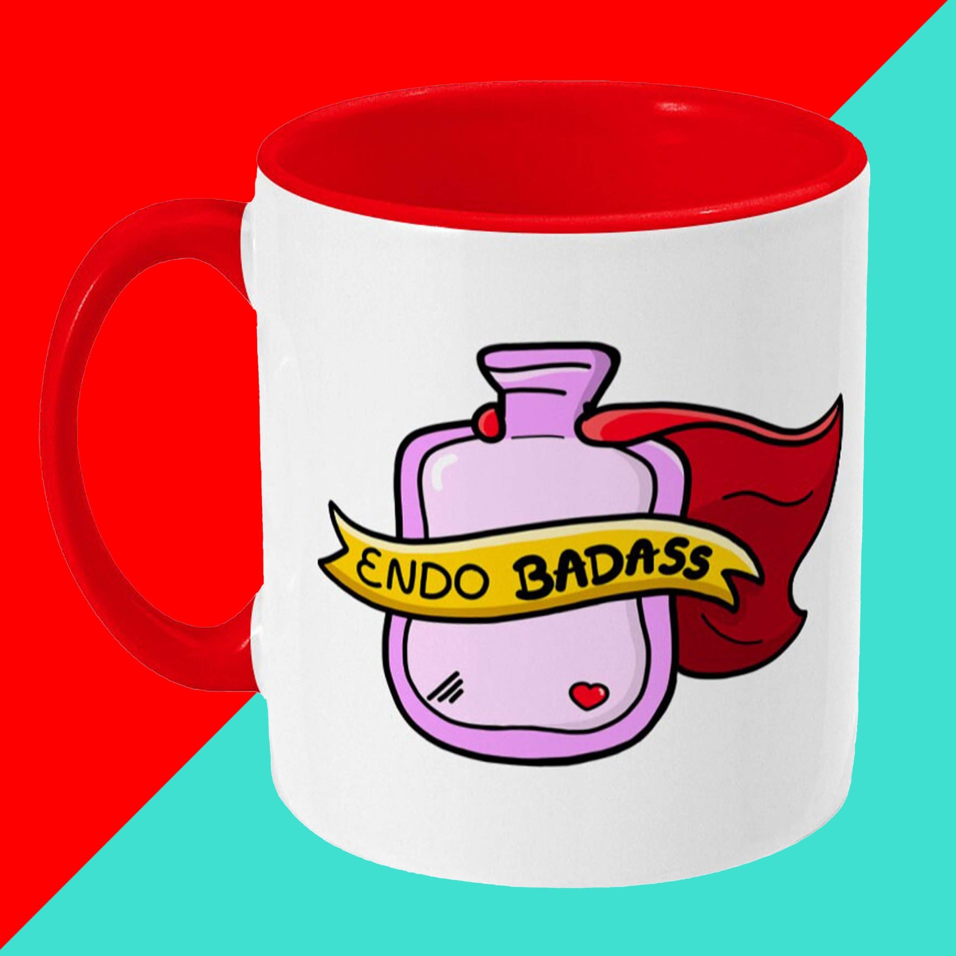 Endo Badass Mug - Endometriosis shown on a red and blue background. The white mug has a red handle and inside with an illustration of a pink hot water bottle wearing a red cape. There is a yellow banner across the bottle with black text inside that reads 'endo badass'. Hand drawn design made to raise awareness for endometriosis.