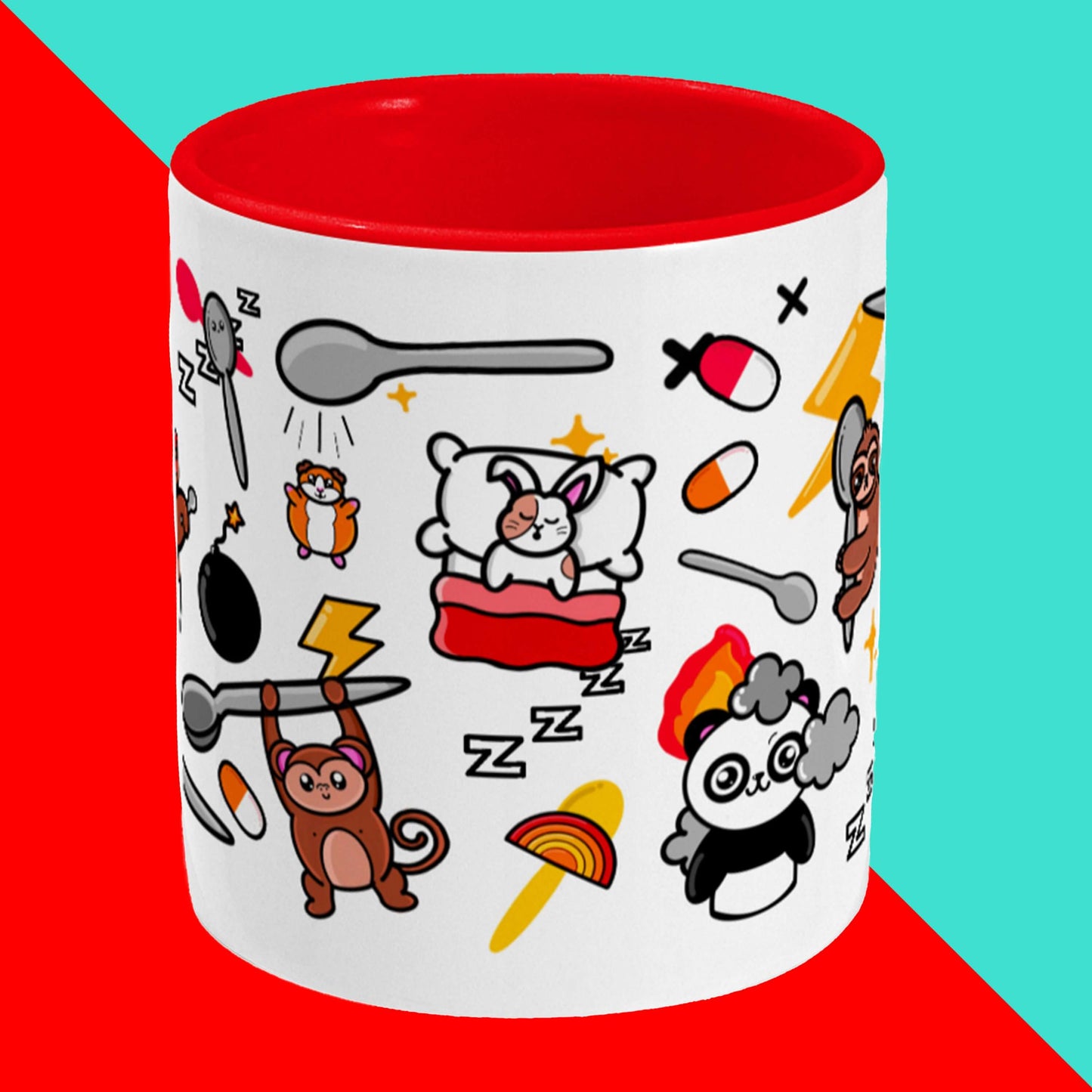 Spoonie Pattern Mug on a red and blue background. The white mug has a red handle and inside with various Innabox character illustrations on it. The hand drawn design is made to raise awareness for chronic and invisible illnesses 