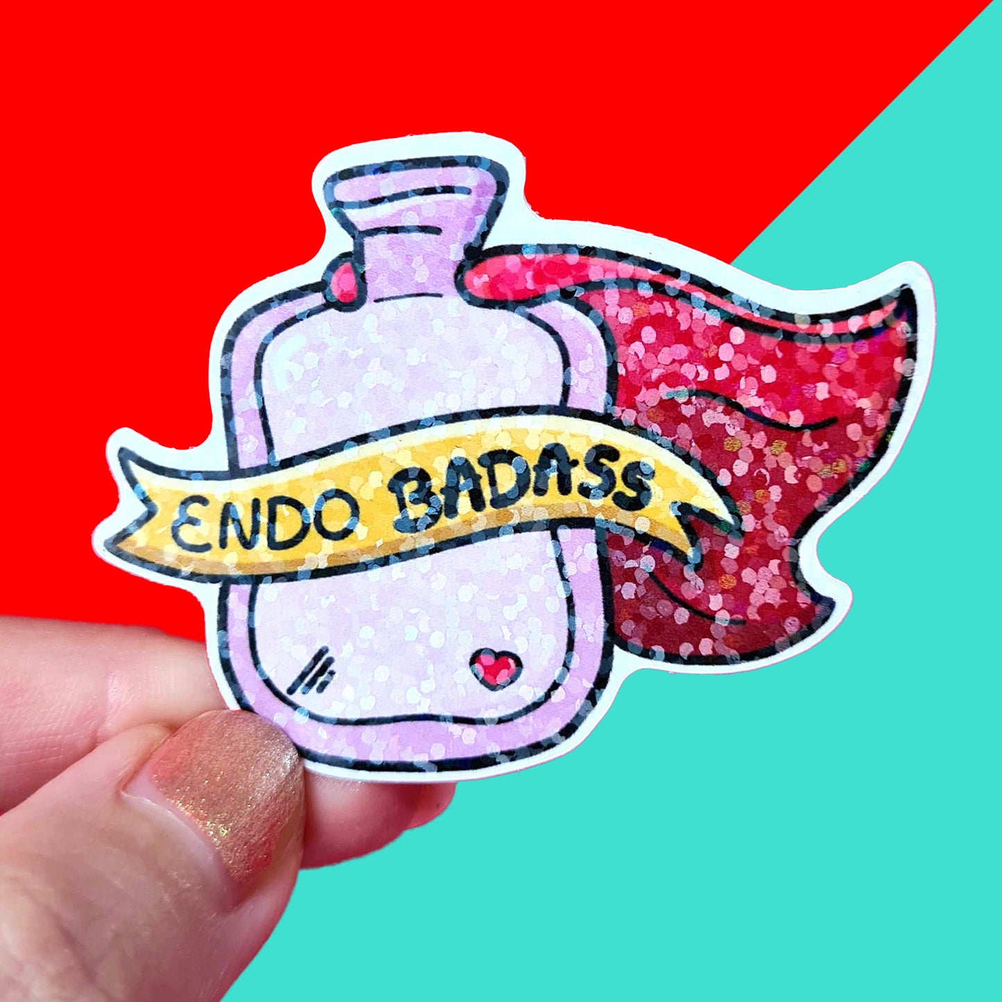 glittery Endo bass stickers. It features a hot water bottle with a cape and says Endo Badass