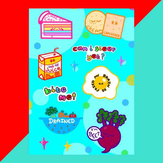 The Fatigued Foods Sticker Sheet - A6 Sticker Sheet on a red and blue background. Sticker sheet of a smiling rainbow cake with text reading 'cake it easy', two snoozing cream crackers with text reading 'cream crackered', a sad fruit juice box with text 'out of juice', a sad fried egg with text 'my brain is fried', a sieve filled of sad vegetables with the text 'drained', a sleeping beetroot with a speech bubble reading 'I'm beet' as well as rainbow text reading 'can I sleep yet?' and 'bite me'.