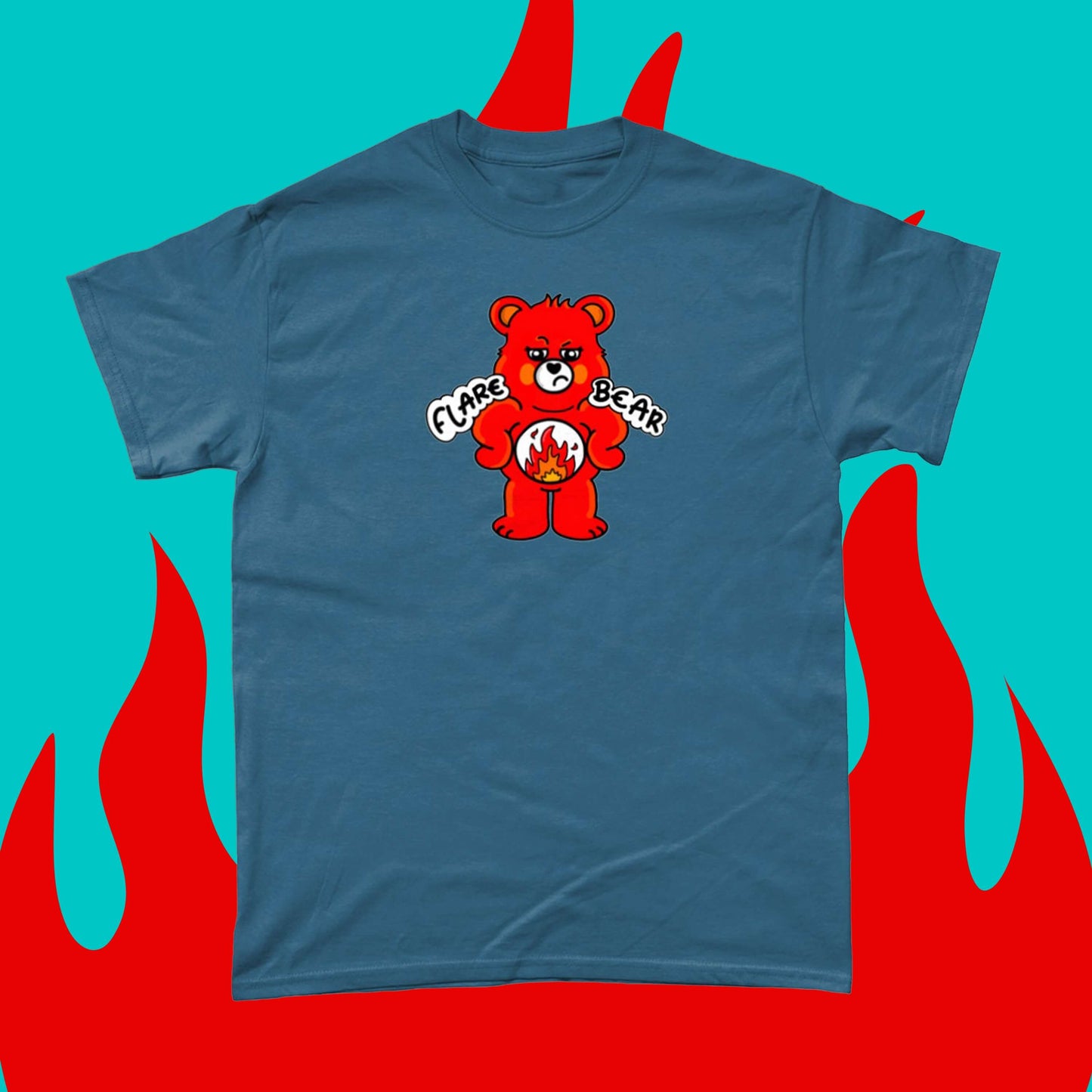 Flare Bear T-shirt on a blue and red flame background. The indigo blue short sleeve tshirt is of a red bear with a fed up expression and hands on its hips. There is a white circle on its belly with flames inside. Flare Bear is written on the middle. The tshirt is designed to raise awareness for chronic illness flare ups.
