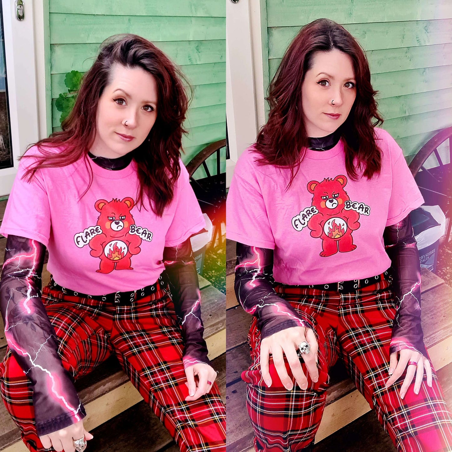 A collage of Nikky wearing a pink Flare Bear T-shirt sat outside with red tartan trousers, a pink and black lightning bolt mesh top. The pastel pink tee is of a red bear with a fed up expression and hands on its hips. There is a white circle on its belly with flames inside. Flare Bear is written on the middle. The tshirt is designed to raise awareness for chronic illness flare ups.