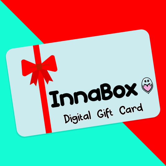 The Innabox Digital Gift Card Voucher on a red and blue background. The pastel blue innabox digital gift card has a red bow on the left hand side with the innabox logo and ghost holding a heart with bottom black text reading 'digital gift card'.
