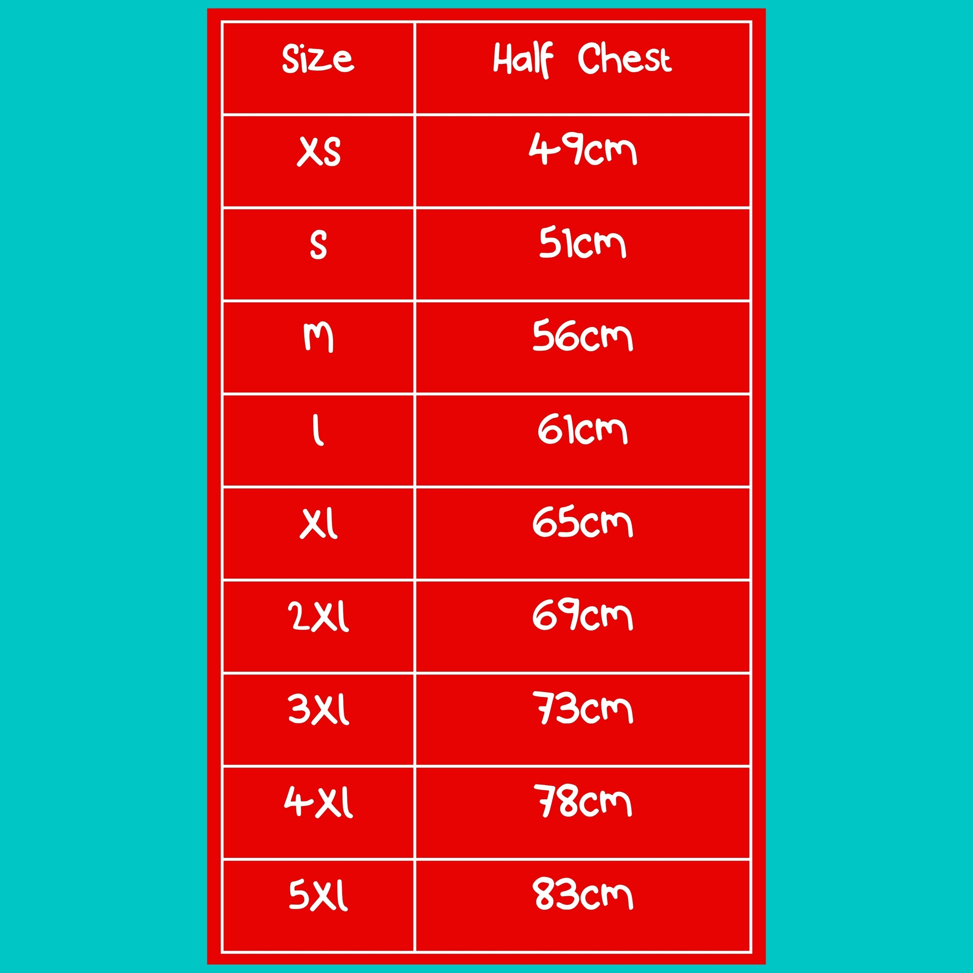 Hoodie size guide chart showing half chest measurements in centimetres for sizes XS to 5XL. Inclusive sizing ranges from 49cm to 83cm, helping customers find the right fit for this Innabox capybara hoodie.